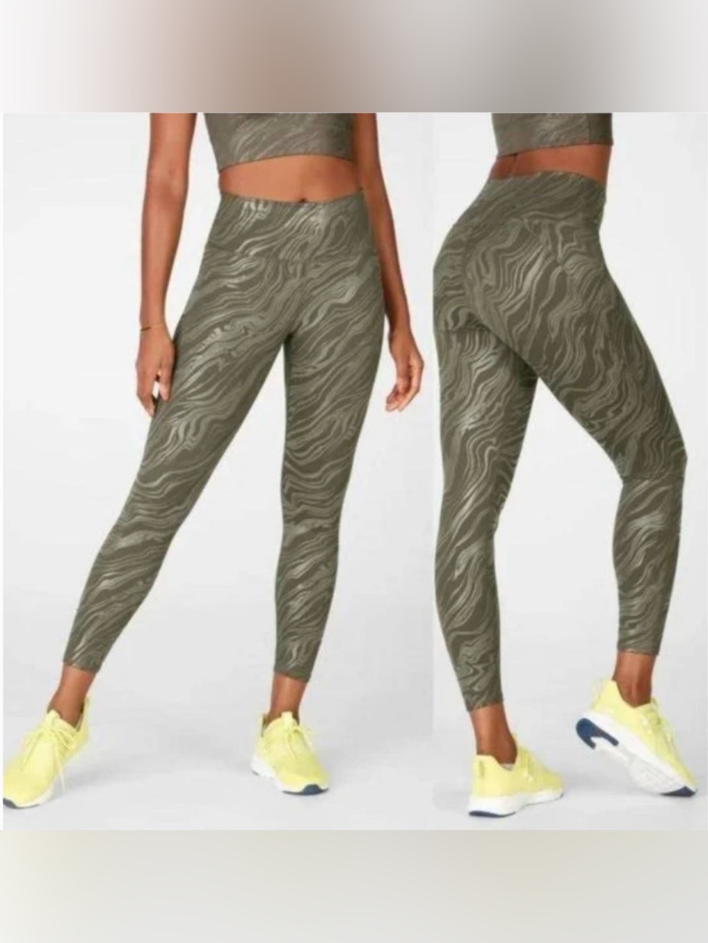 NWT Fabletics Powerhold Olive Green Marble Swirl Print Crop Leggings Size XS
